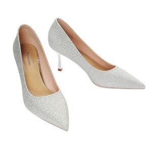NEW! C.Paravano Sparkly Pump Shoes Pointed Toe Glitter Heel Silver Size 7.5